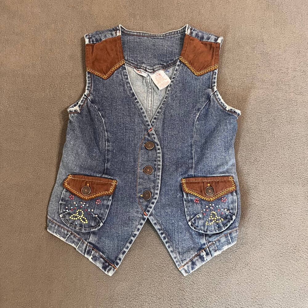 Vintage Mary-Kate and Ashley Denim Vest Girls L 10/12 Western Y2K Beaded Prairie